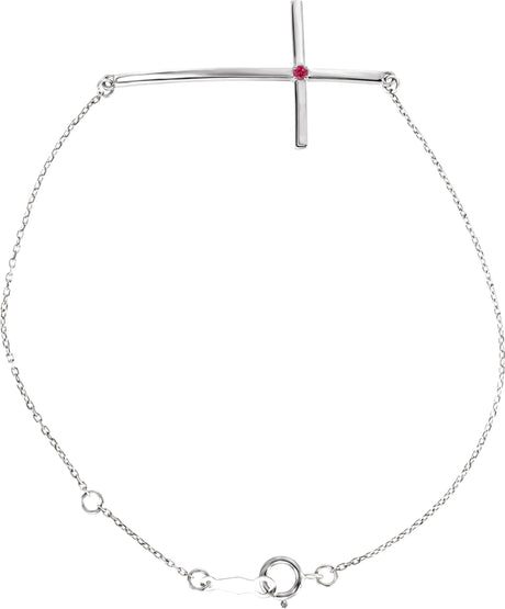 14K Gold Round Natural Ruby Accented Sideways Cross Bracelet - White Gold