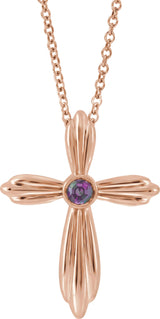 14K Gold Round Natural Alexandrite Bezel-Set Cross Necklace or Pendant - Rose Gold