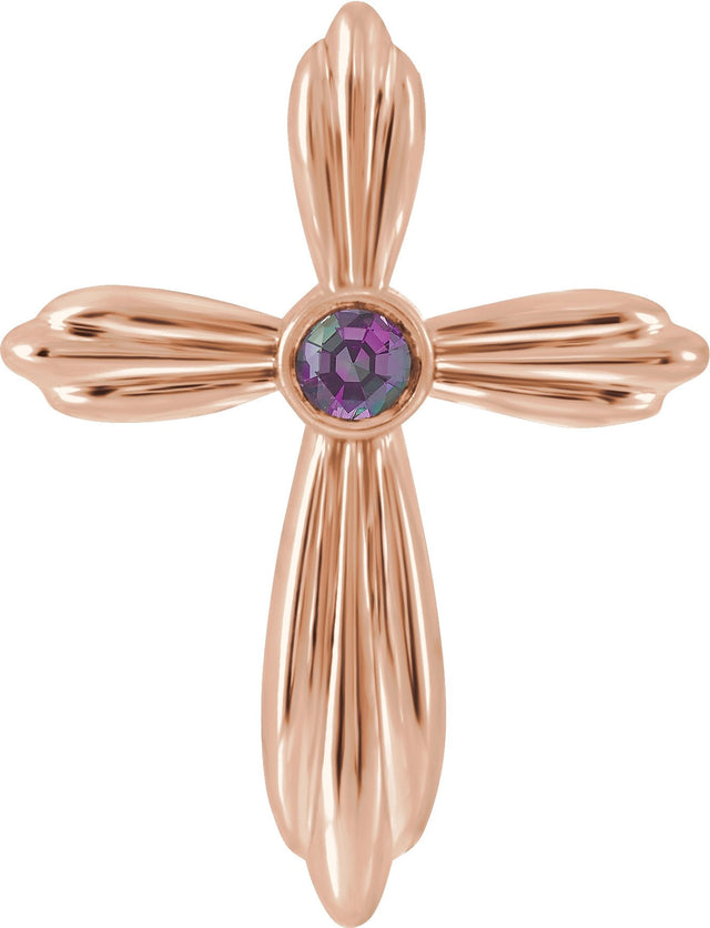 14K Gold Round Lab-Grown Alexandrite Bezel-Set Cross Necklace or Pendant - Rose Gold