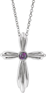 14K Gold Round Lab-Grown Alexandrite Bezel-Set Cross Necklace or Pendant - White Gold