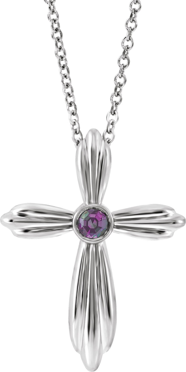 Platinum Round Lab-Grown Alexandrite Bezel-Set Cross Necklace or Pendant