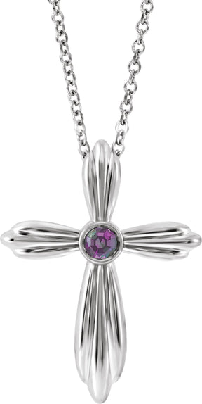Platinum Round Natural Alexandrite Bezel-Set Cross Necklace or Pendant