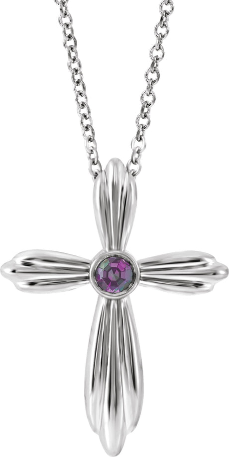 14K Gold Round Natural Alexandrite Bezel-Set Cross Necklace or Pendant - White Gold