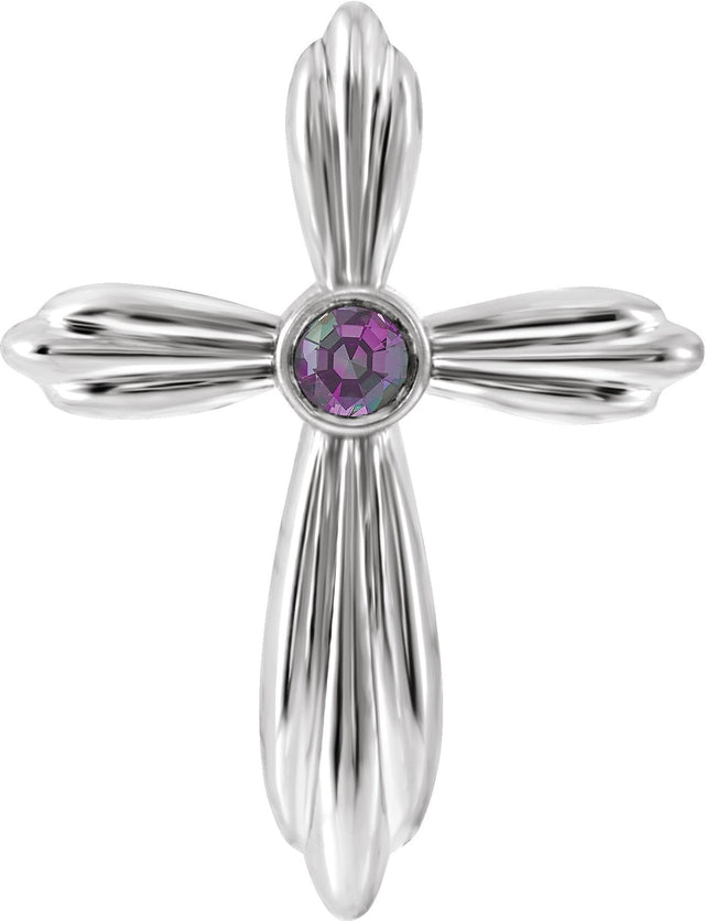 14K Gold Round Natural Alexandrite Bezel-Set Cross Necklace or Pendant - White Gold
