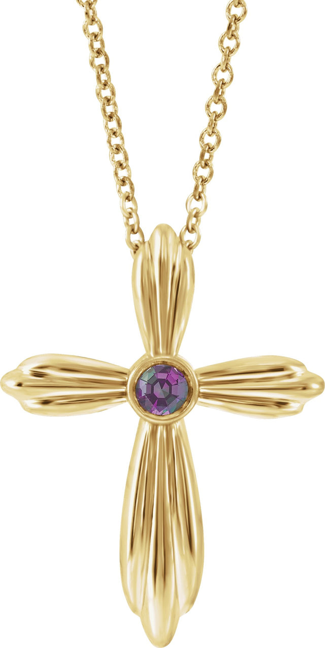 14K Gold Round Natural Alexandrite Bezel-Set Cross Necklace or Pendant - Yellow Gold