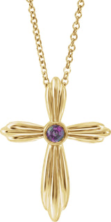 14K Gold Round Lab-Grown Alexandrite Bezel-Set Cross Necklace or Pendant - Yellow Gold