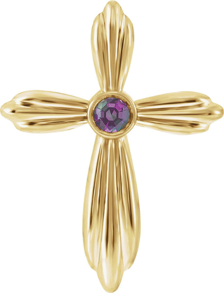 14K Gold Round Natural Alexandrite Bezel-Set Cross Necklace or Pendant - Yellow Gold