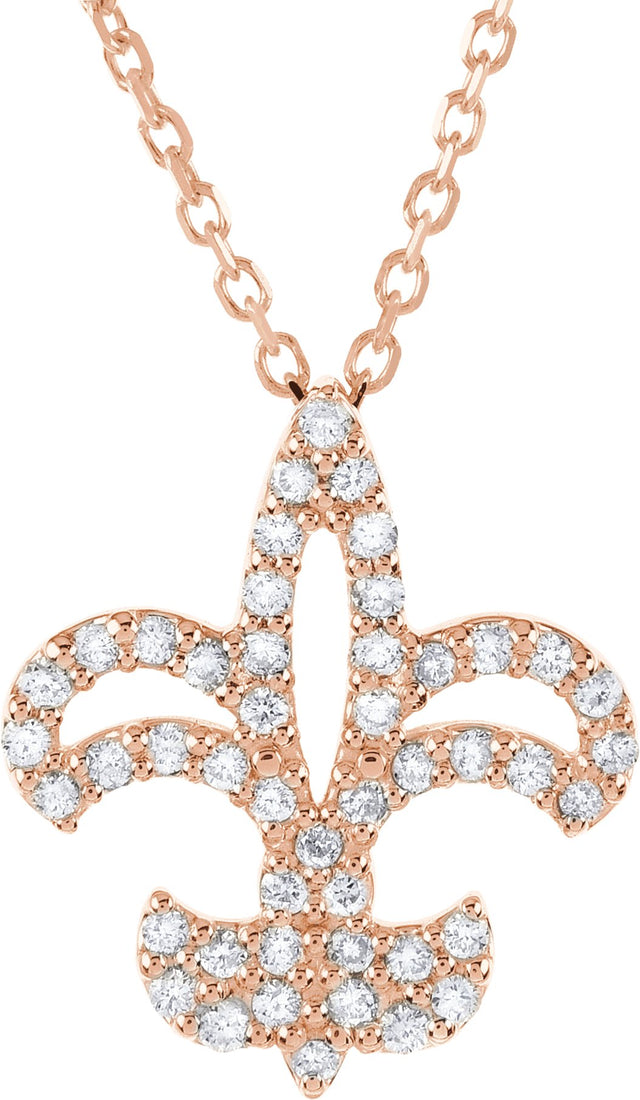 14K Gold Round Natural Diamond Fleur-de-Lis Necklace - Rose Gold