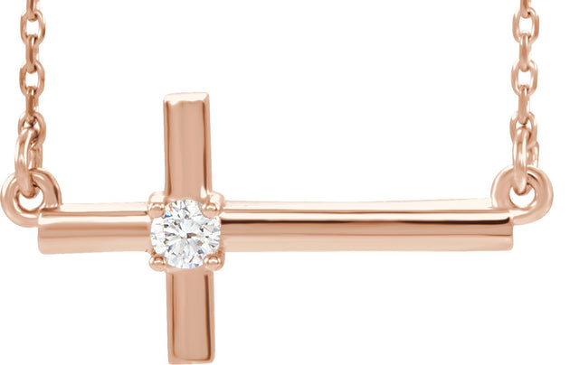 14K Gold Round Natural Diamond Sideways Cross Necklace – up to 1/10 CTW - Rose Gold