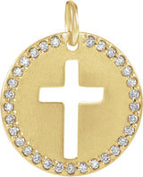 14K Gold Round Natural Diamond Accented Pierced Cross Necklace or Pendant - Yellow Gold