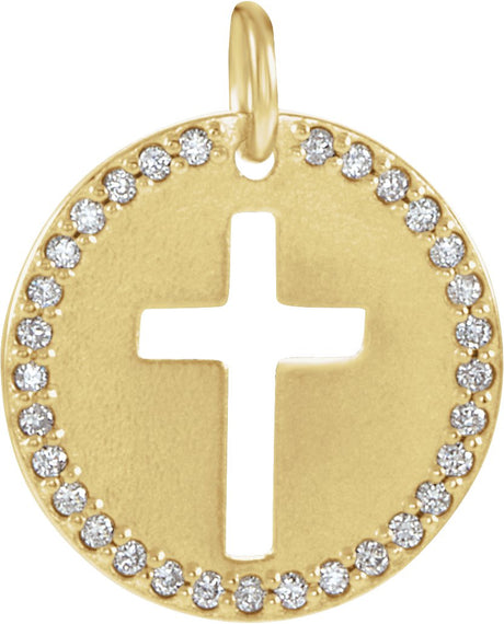 14K Gold Round Natural Diamond Accented Pierced Cross Necklace or Pendant - Yellow Gold