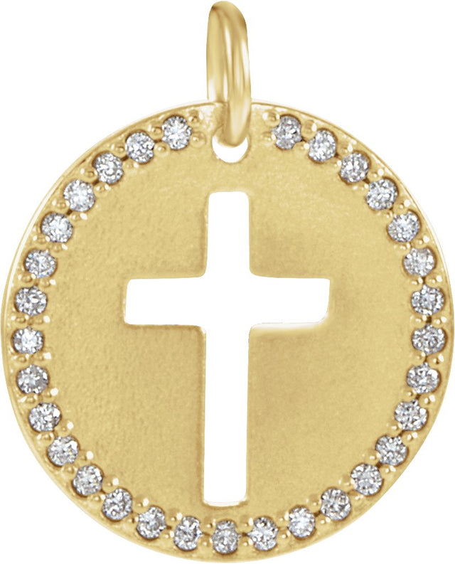 14K Gold Round Natural Diamond Accented Pierced Cross Necklace or Pendant - Yellow Gold
