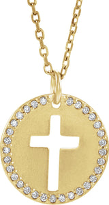 14K Gold Round Natural Diamond Accented Pierced Cross Necklace or Pendant - Yellow Gold