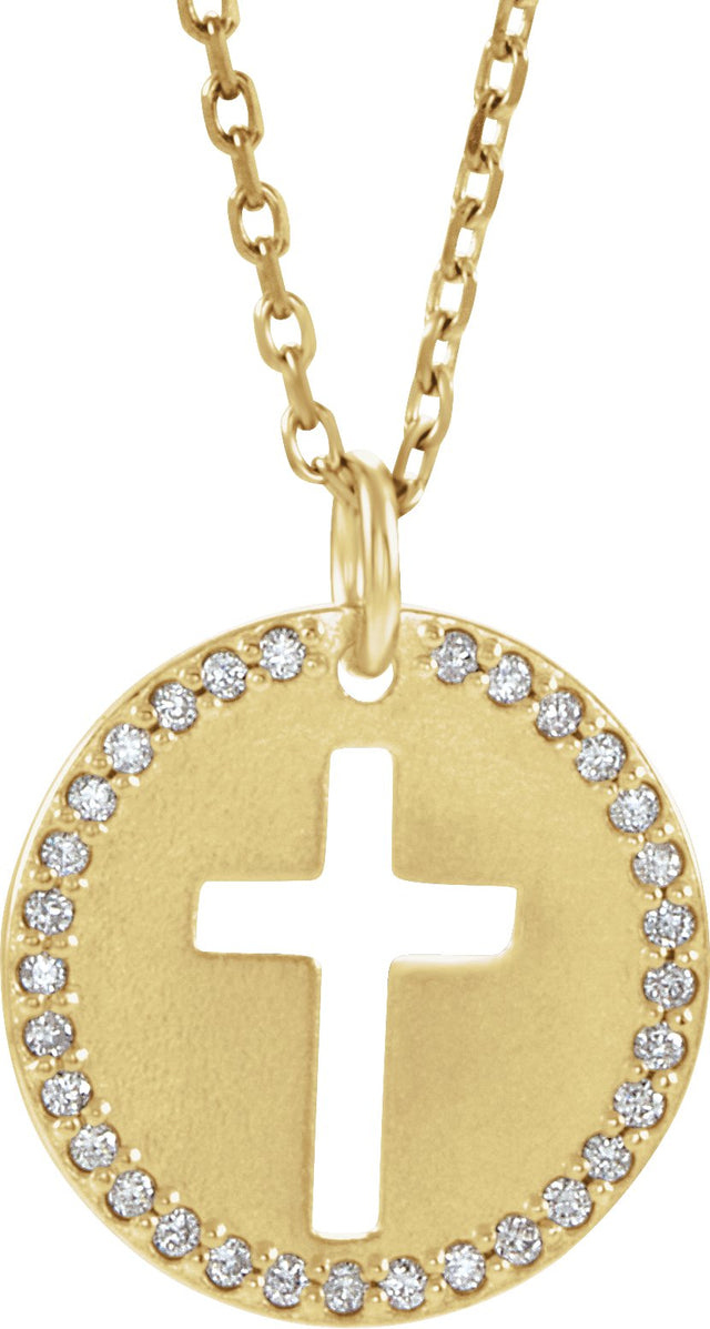 14K Gold Round Natural Diamond Accented Pierced Cross Necklace or Pendant - Yellow Gold
