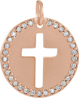 14K Gold Round Natural Diamond Accented Pierced Cross Necklace or Pendant - Rose Gold