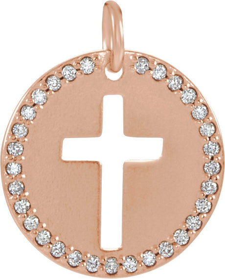 14K Gold Round Natural Diamond Accented Pierced Cross Necklace or Pendant - Rose Gold