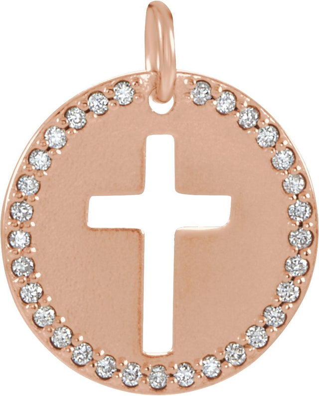 14K Gold Round Natural Diamond Accented Pierced Cross Necklace or Pendant - Rose Gold