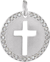 14K Gold Round Natural Diamond Accented Pierced Cross Necklace or Pendant - White Gold