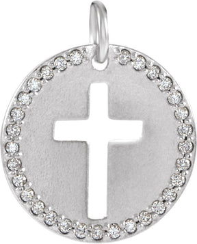 14K Gold Round Natural Diamond Accented Pierced Cross Necklace or Pendant - White Gold