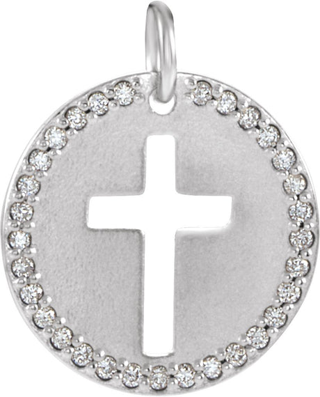 14K Gold Round Natural Diamond Accented Pierced Cross Necklace or Pendant - White Gold