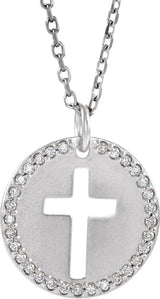 14K Gold Round Natural Diamond Accented Pierced Cross Necklace or Pendant - White Gold