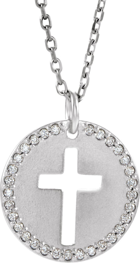 14K Gold Round Natural Diamond Accented Pierced Cross Necklace or Pendant - White Gold