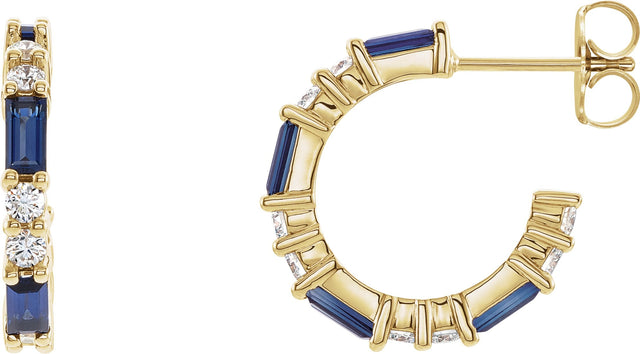 14K Gold Straight Baguette Lab-Grown Blue Sapphire Accented Hoop Earrings - Yellow Gold