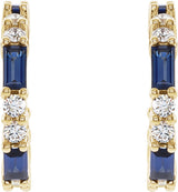 14K Gold Straight Baguette Natural Blue Sapphire Accented Hoop Earrings - Yellow Gold - view 2