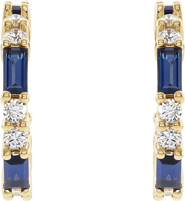 14K Gold Straight Baguette Natural Blue Sapphire Accented Hoop Earrings - Yellow Gold - view 2