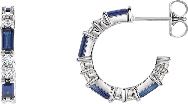 Platinum Straight Baguette Natural Blue Sapphire Accented Hoop Earrings