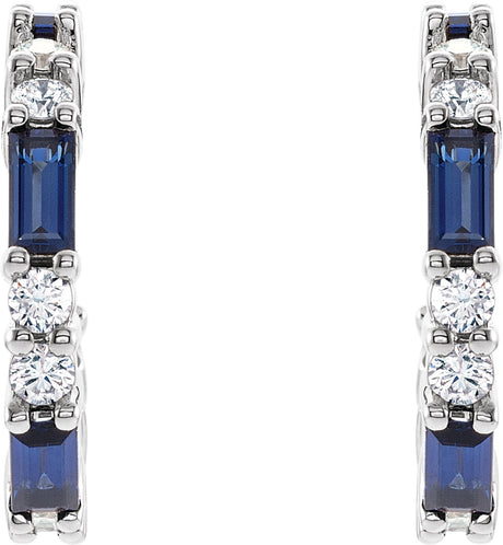 Platinum Straight Baguette Natural Blue Sapphire Accented Hoop Earrings - view 2