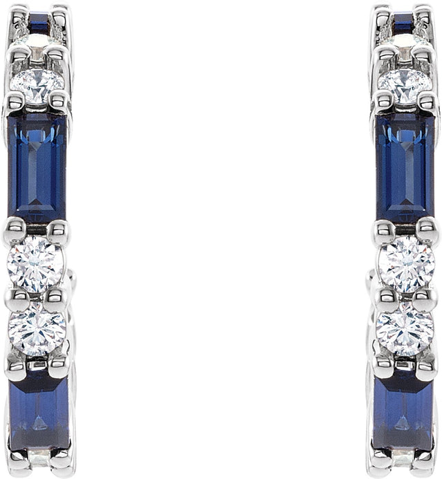 Platinum Straight Baguette Natural Blue Sapphire Accented Hoop Earrings - view 2