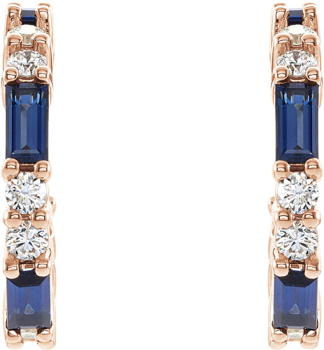 14K Gold Straight Baguette Natural Blue Sapphire Accented Hoop Earrings - Rose Gold - view 2