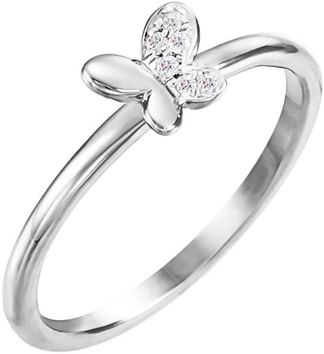 14K Gold Round Natural Diamond Youth Butterfly Ring - White Gold