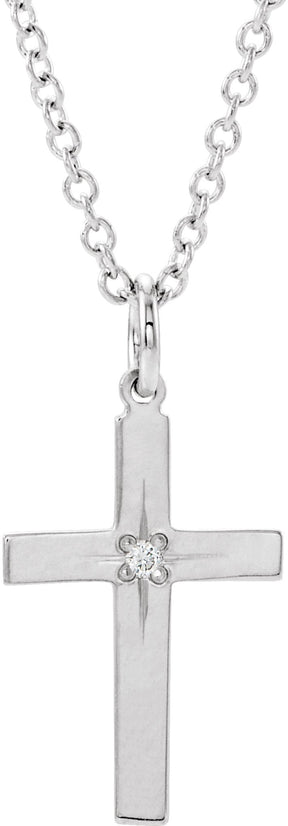 14K Gold Round Natural Diamond Youth Cross Necklace – 0.0075 CTW - White Gold