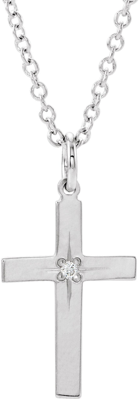 14K Gold Round Natural Diamond Youth Cross Necklace – 0.0075 CTW - White Gold