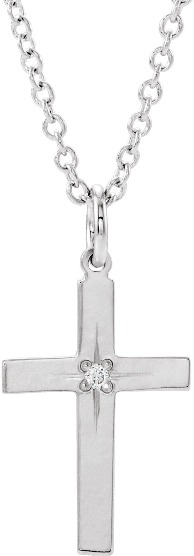 14K Gold Round Natural Diamond Youth Cross Necklace – 0.0075 CTW - White Gold
