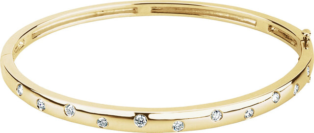 14K Gold Round Lab-Grown Diamond Accented Hinged Bangle Bracelet - Yellow Gold