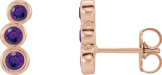 14K Gold Round Natural Amethyst Three-Stone Ear Climbers - Rose Gold