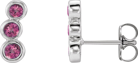 14K Gold Round Natural Pink Tourmaline Three-Stone Ear Climbers - White Gold