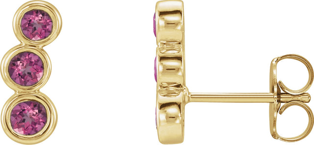 14K Gold Round Natural Pink Tourmaline Three-Stone Ear Climbers - Yellow Gold