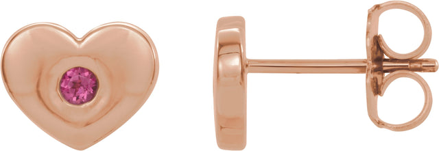 14K Gold Round Natural Pink Tourmaline Heart Earrings - Rose Gold