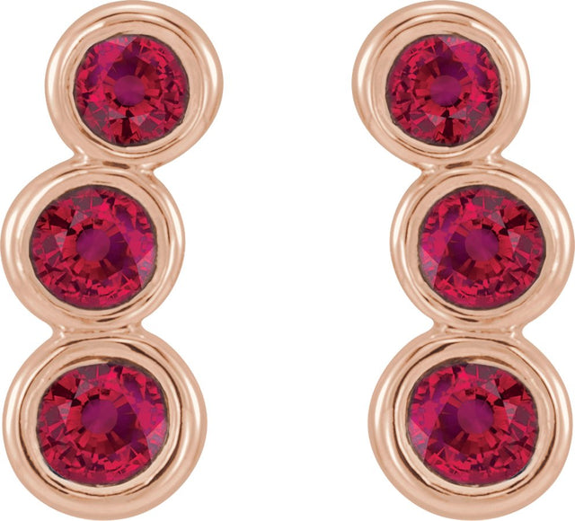 14K Gold Round Natural Ruby Three-Stone Ear Climbers - Rose Gold - view 2