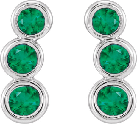 Platinum Round Natural Emerald Three-Stone Ear Climbers - view 2