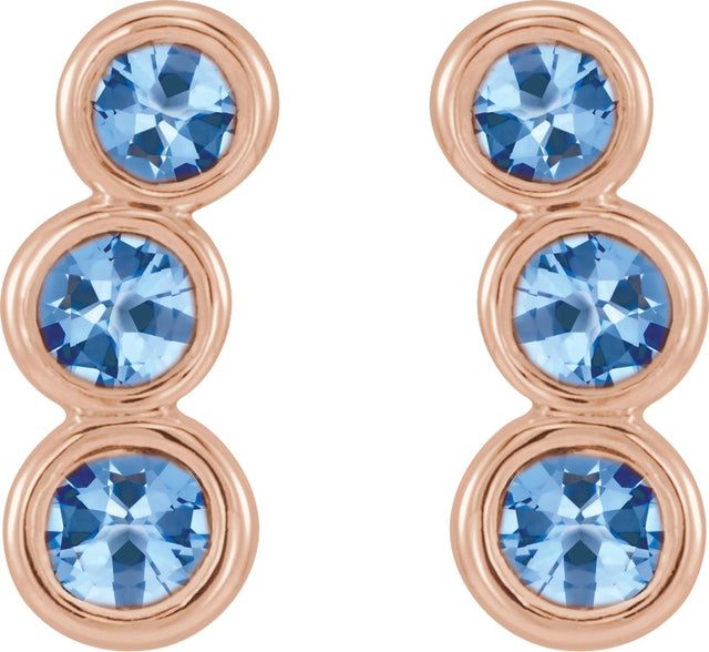 14K Gold Round Natural Aquamarine Three-Stone Ear Climbers - Rose Gold - view 2
