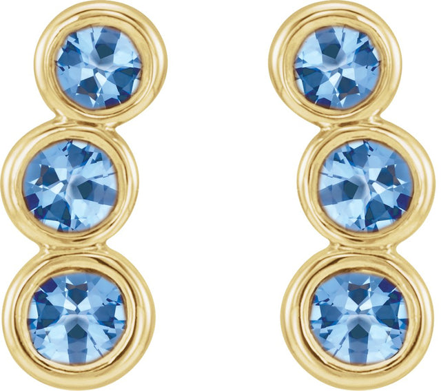 14K Gold Round Natural Aquamarine Three-Stone Ear Climbers - Yellow Gold - view 2