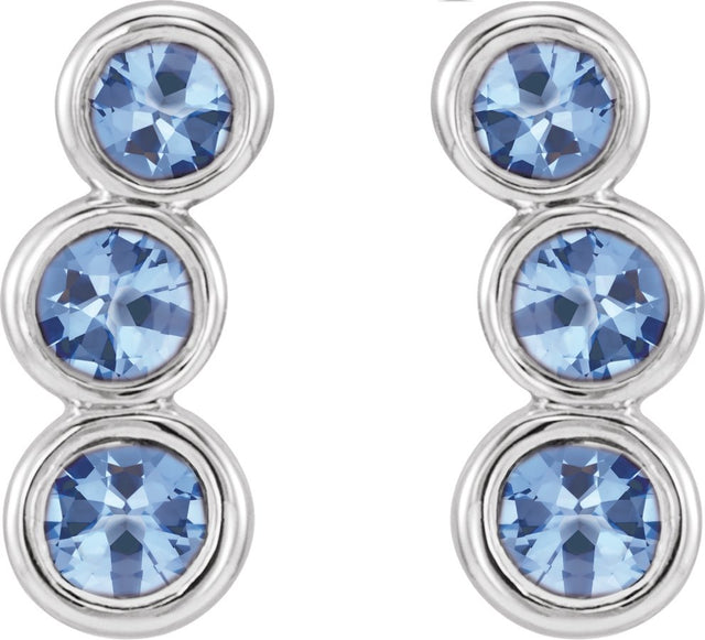 14K Gold Round Natural Aquamarine Three-Stone Ear Climbers - White Gold - view 2