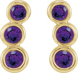14K Gold Round Natural Amethyst Three-Stone Ear Climbers - Yellow Gold - view 2