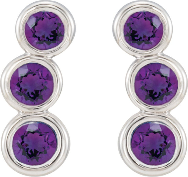 14K Gold Round Natural Amethyst Three-Stone Ear Climbers - White Gold - view 2