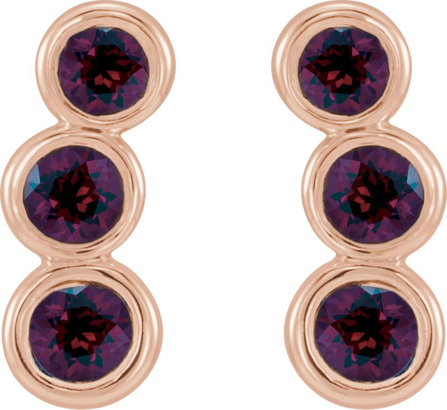 14K Gold Round Natural Mozambique Garnet Three-Stone Ear Climbers - Rose Gold - view 2